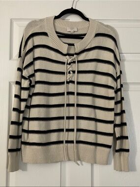 LOFT Cream & Black Striped Lace-Up Crewneck Sweater